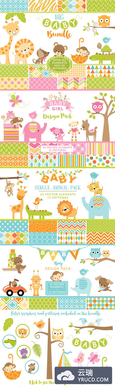 BABY卡通动物图形矢量素材和背景纹理 Baby Bundle of Graphics & Patterns