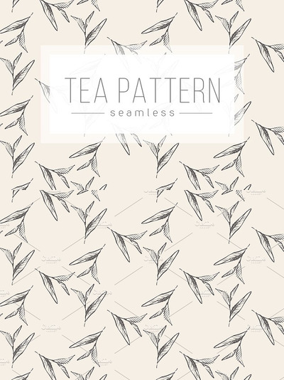 简约手绘单色的茶叶无缝背景纹理素材 Tea leaves seamless pattern