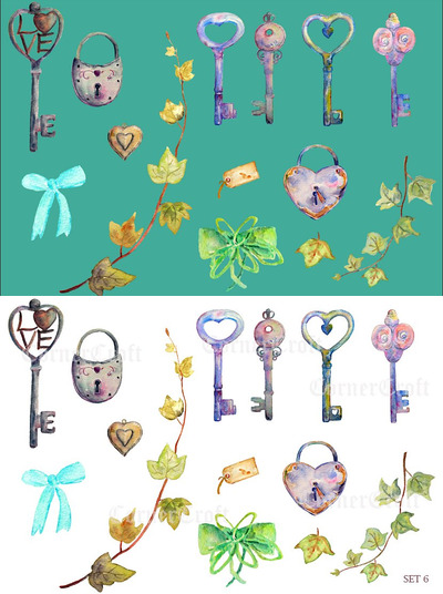 经典的水彩钥匙爱心素材图形 Watercolor Vintage Lock Key Heart