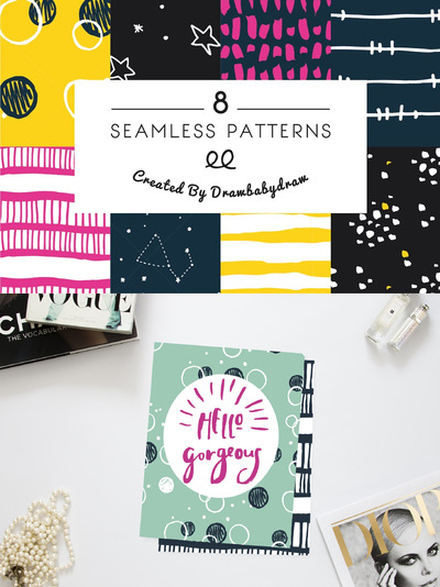 卡通可爱的星星点点线条等元素背景纹理素材 Starry Night Illustrated Patterns