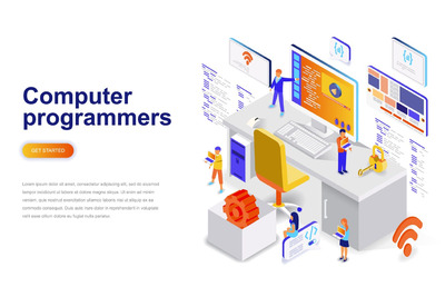计算机程序员等距概念巨无霸网页2.5D头图banner登陆页面模板