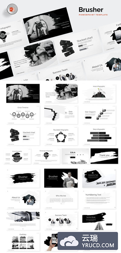 高端时尚简约中国风水墨元素的powerpoint幻灯片演示模版（PPT）