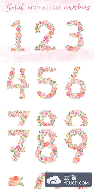 水彩花卉拼凑的数字素材 Watercolor Floral Monogram Numbers