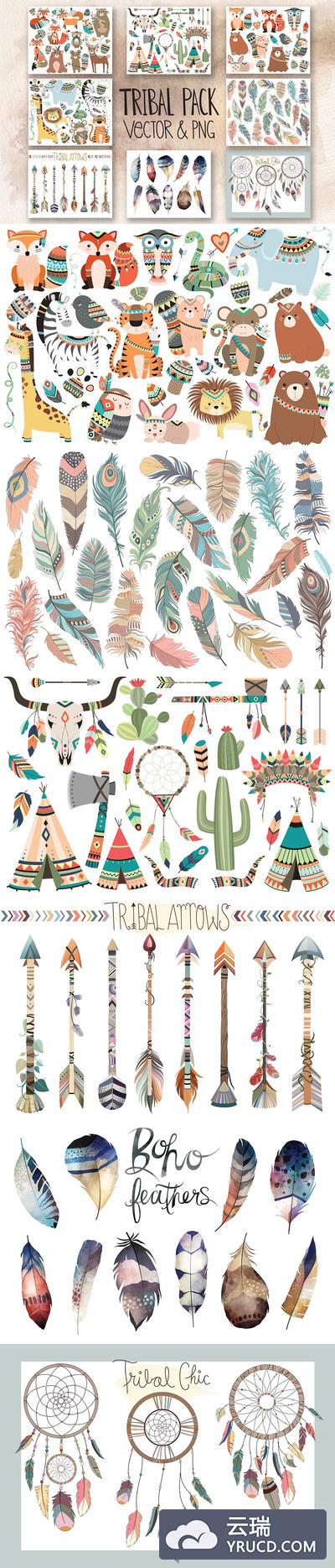 可爱的原始部落相关的卡通图形素材 121 pc Tribal Vector Clipart Bundle