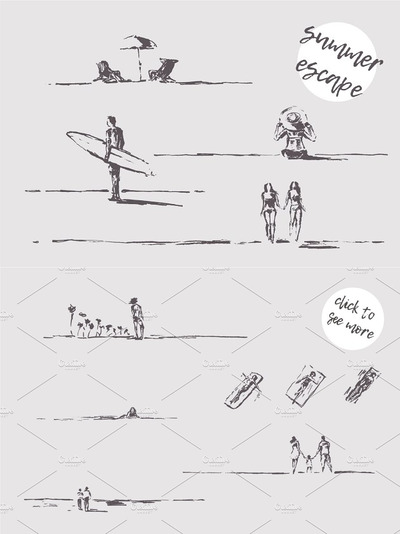 素描海边人物素材 Landscapes with seaside view