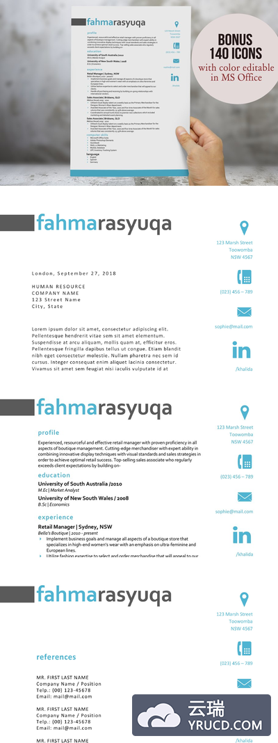 简约的Word简历模板 Aqua 3 in 1 resume for MS Word