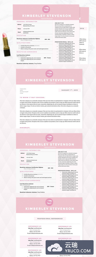 粉色女性简历模板 Crisp Pink Resume, Cover Letter Pkg.