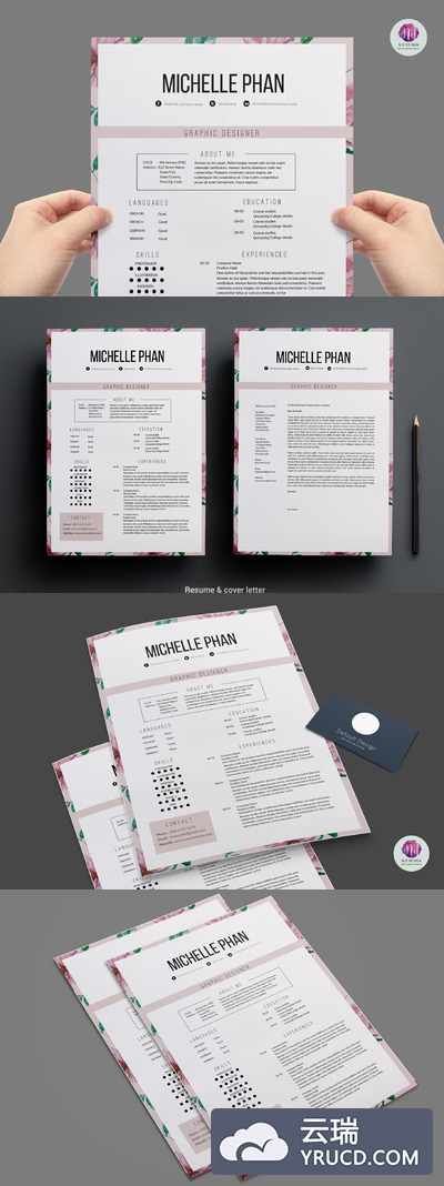 拥有花卉底纹的简历模板 Floral 1 page resume template
