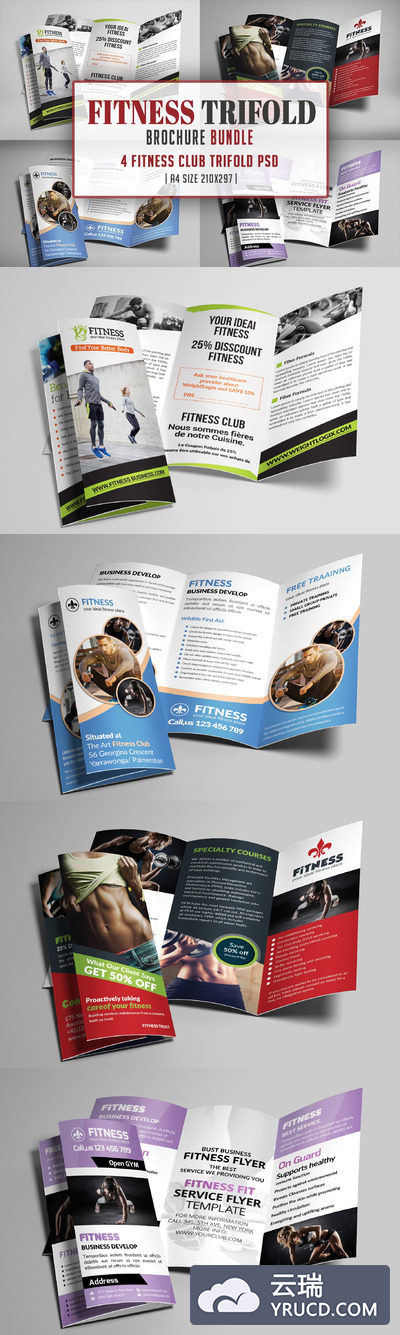 健身相关的三折页册子模板 Fitness Trifold Brochures Bundle