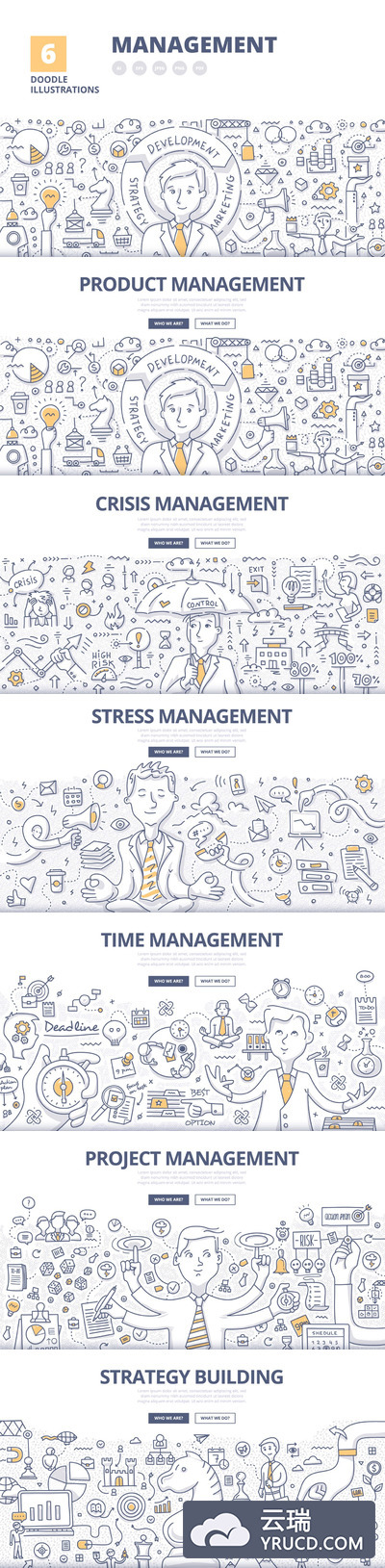 6个管理概念的手绘涂鸦时尚简约线条多格式插图插画banner