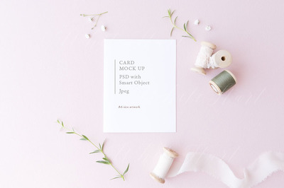 A6卡片设计展示样机 A6 card mock up pink background