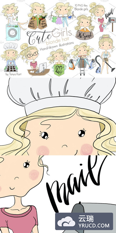 可爱的额金发女郎卡通矢量图形形象 Cute Girls Blonde Hair Clipart