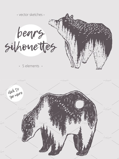 野生熊素描手绘素材 Concept illustrations of wild bears