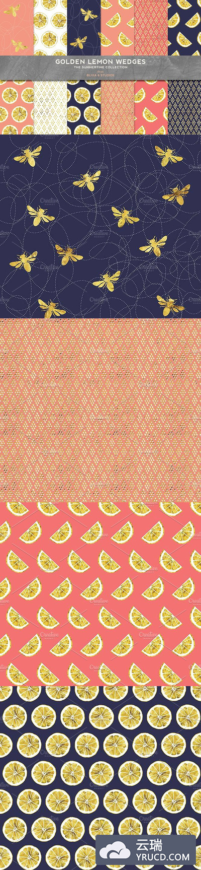 黄金柠檬楔形珊瑚粉红色背景纹理 Golden Lemon Wedges on Coral Pinks