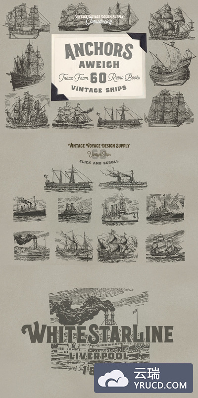 经典霸气的航海素描元素素材 Anchors Aweigh • 60 Vintage Ships