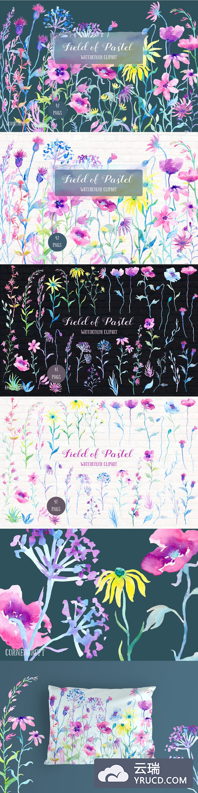 水彩粉笔花卉素材 Watercolor Field of Pastel