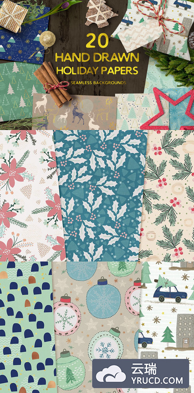 圣诞节日相关的手绘背景纹理素材 Hand drawn seamless holiday papers