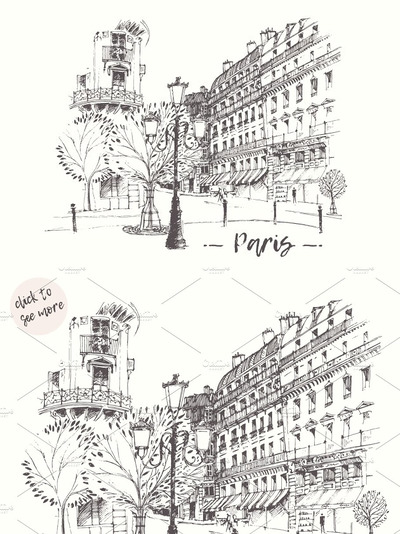 法国巴黎街景素描手绘素材 Streets of Paris, France