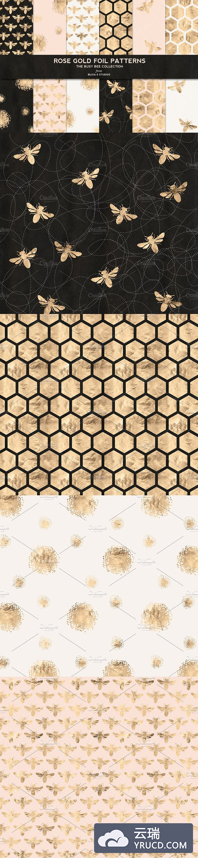 蜜蜂蜂巢玫瑰金数字背景纹理素材 Busy Bee Rose Gold Digital Patterns