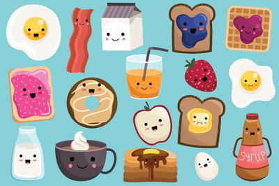 可爱的早餐食物图形PNG套装 Cute Breakfast Food Vector & PNG Set