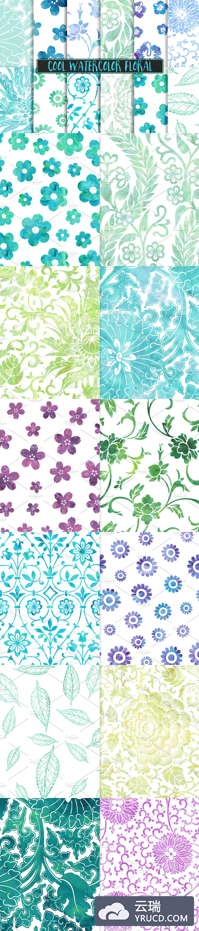 冷色水彩花卉背景纹理 Cool Watercolor Floral Backgrounds