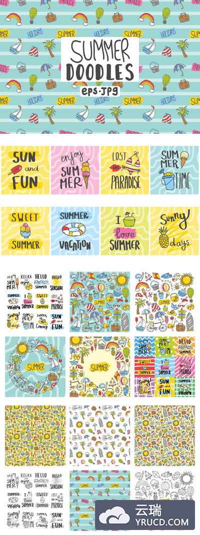 夏天手绘涂鸦图案 Hand drawn doodle summer bundle.