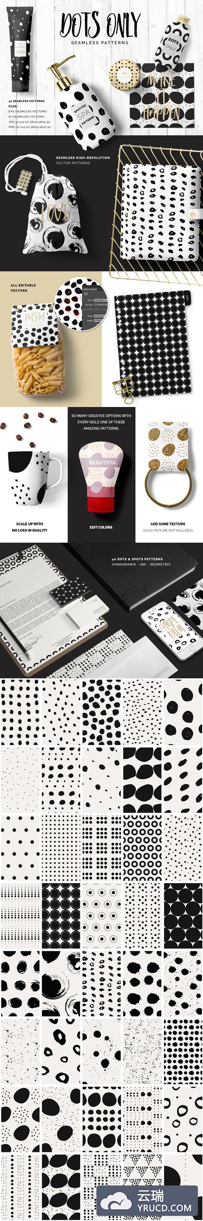 黑色和白色圆点无缝背景纹理素材 Black & White Dots Seamless Patterns