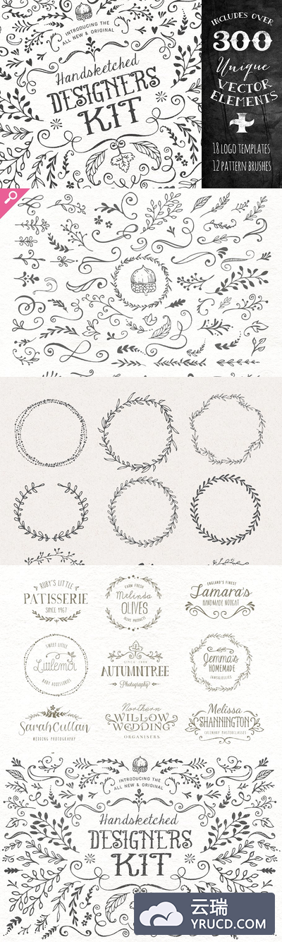 抽象花卉图形设计工具包 The Handsketched Designers Kit