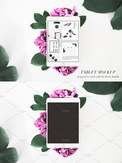 在花卉上优雅的iPad内容设计展示样机 PSD Tablet Mockup Floral Stock Photo