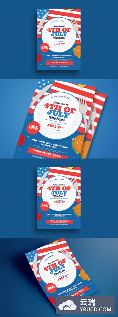 美国国旗美式野餐BBQ海报传单DM设计模板