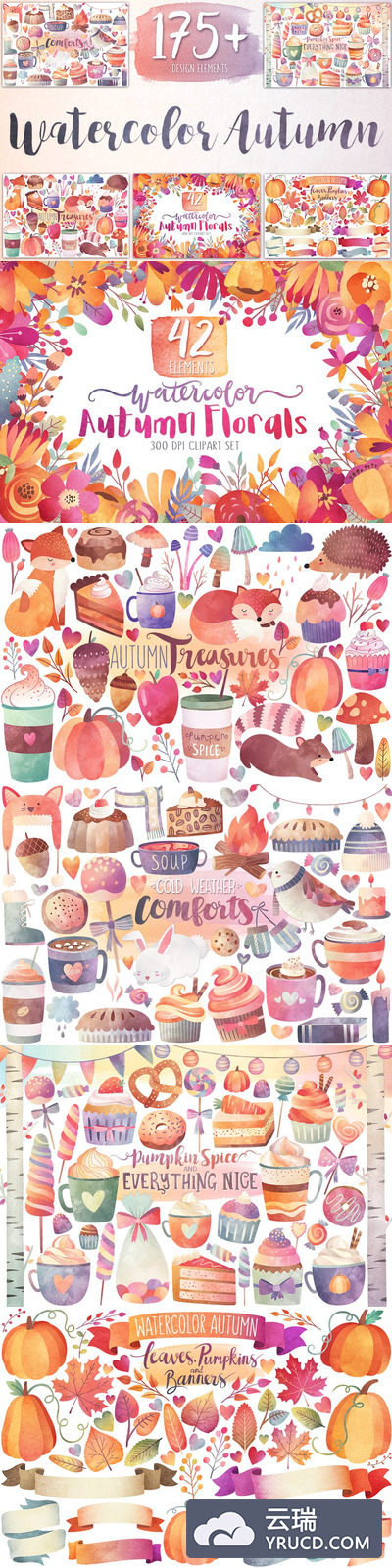 水彩秋季冬季风格的元素绘画大合集 Watercolor Autumn & Winter Bundle