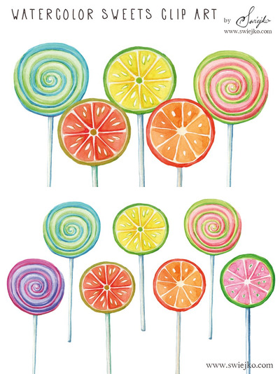 可爱的水彩棒棒糖素材 Watercolor Clip Art,Lollipop