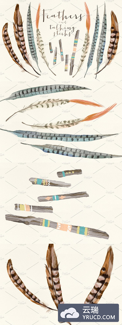 漂亮的水彩羽毛素材 Watercolor feathers talking sticks