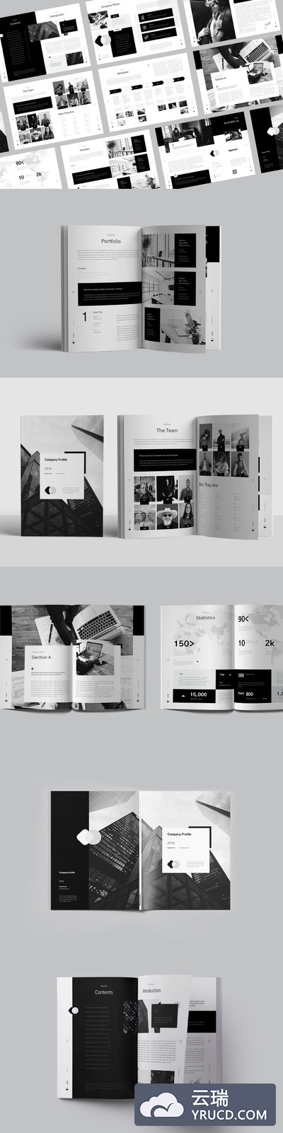 黑白配色的高端时尚的企业简介画册楼书品牌手册杂志设计模板
