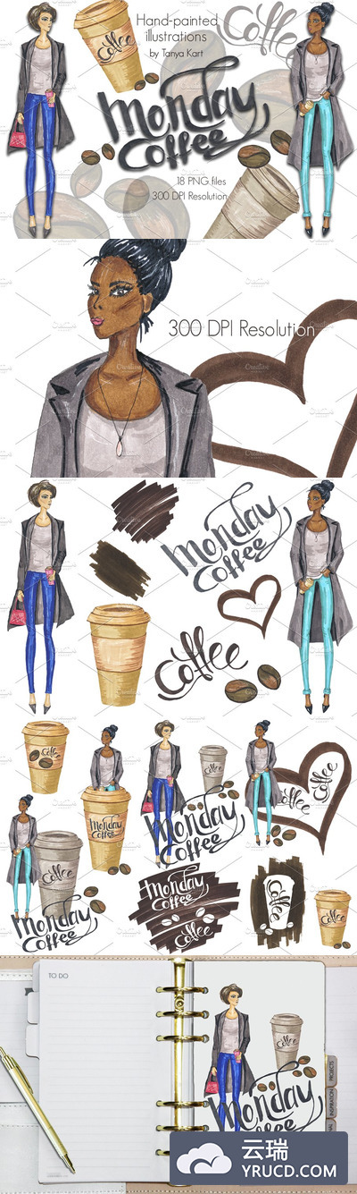 时尚咖啡模特插画素材 Monday Coffee Hand-painted Clipart