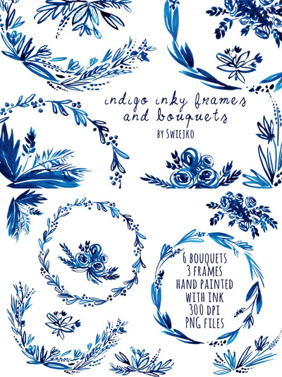 靛蓝手绘印刷花卉素材 Indigo Hand painted Wreaths