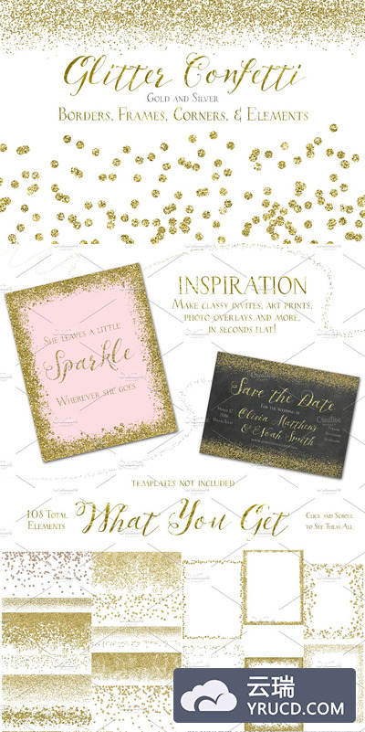 闪光金粉背景纹理素材 Glitter Confetti Borders & Elements