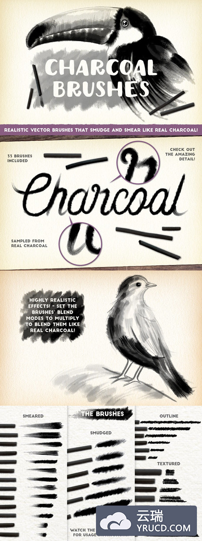 木炭特效Ai笔刷文件 Charcoal Brushes