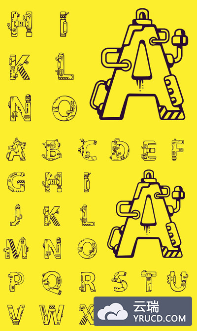 时尚简约线条工业机械风格的矢量字母字体集合