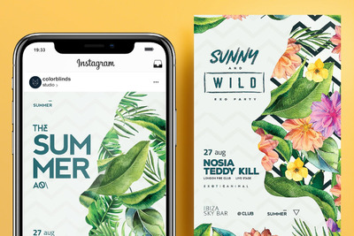 时尚夏天植物人脸双重曝光海报传单DM设计模板