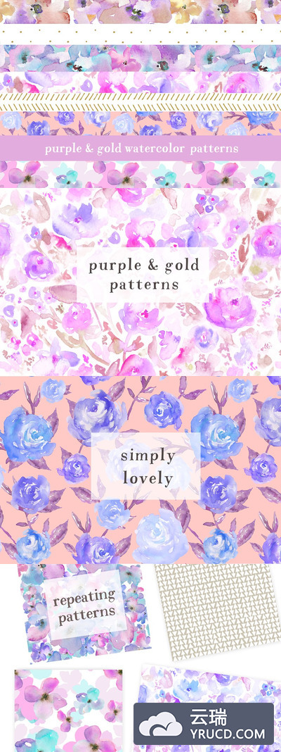 时尚粉色的水彩花卉图案 Floral Watercolor Patterns