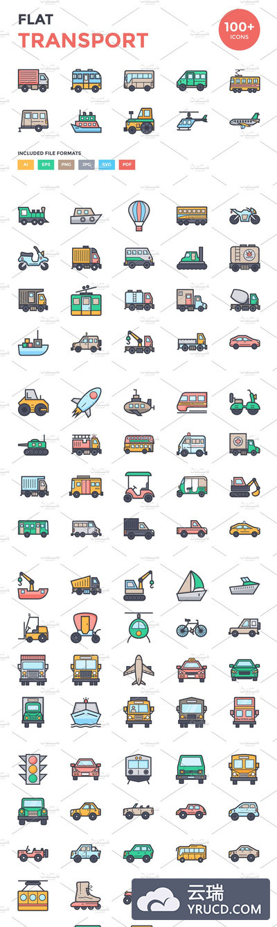 100个扁平化的交通工具图标 100+ Flat Transport Icons Set