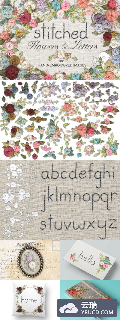 缝合的花和字母图形素材 Stitched Flower & Letter Graphics