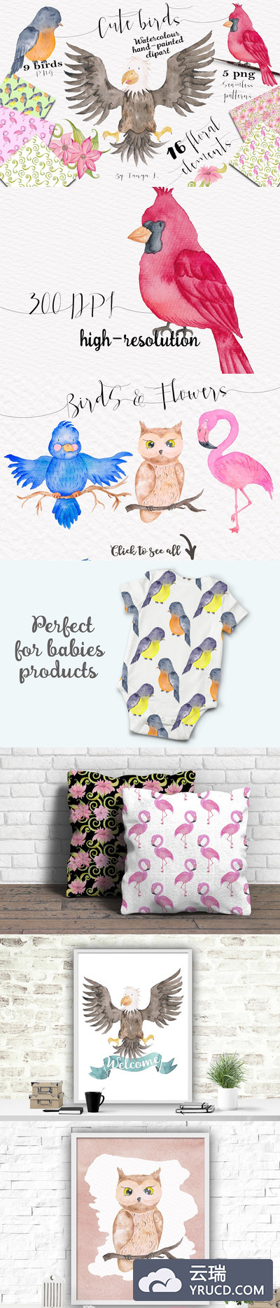 可爱的小鸟水彩素材 Cute Birds Watercolor Set