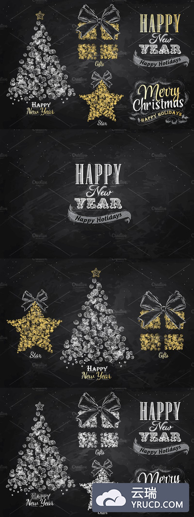 粉笔黑板效果的圣诞元素素材 New Year collection of Christmas