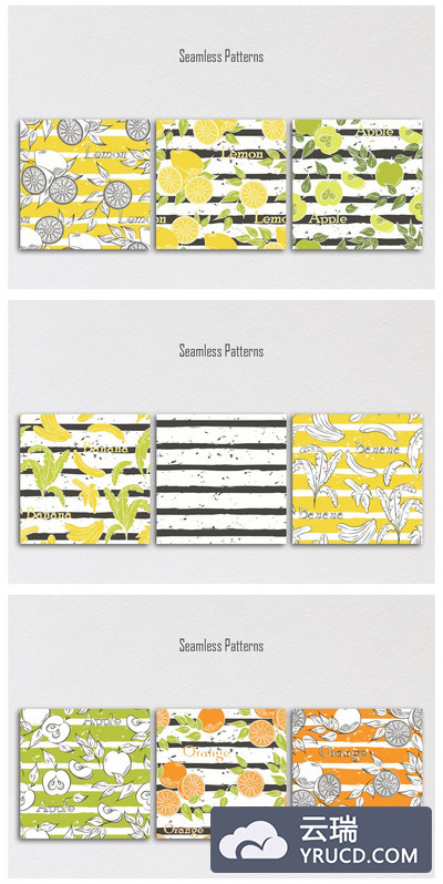 矢量 | 水果缤纷对比色条纹无缝模式背景底纹