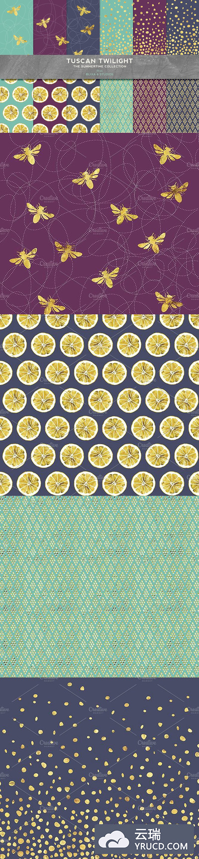 暮光之城金柠檬和蜜蜂背景纹理素材 Tuscan Twilight Golden Lemons & Bees