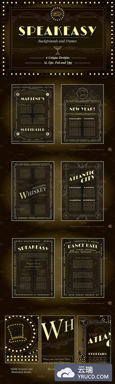 古典的美式背景纹理和图形元素素材 Speakeasy Backgrounds and Frames