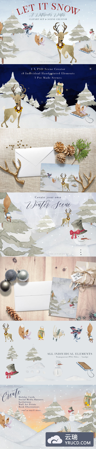 冬季圣诞元素场景素材包 Watercolor Winter Scene Creator