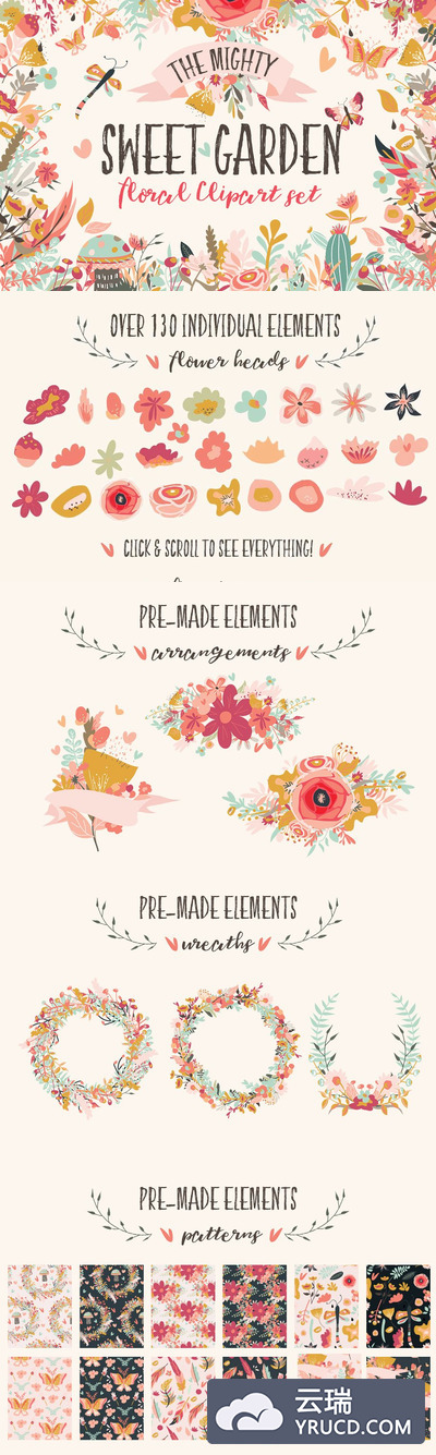 甜美的花园花卉素材 Sweet Garden Floral Clipart Bundle